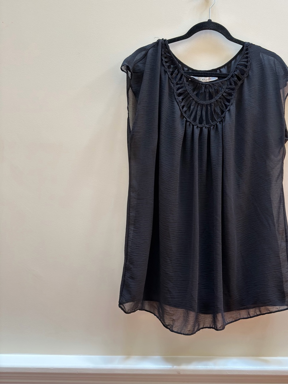 Max Studio Black Sheer Chiffon Blouse Crochet Cutout Neckline Size XL